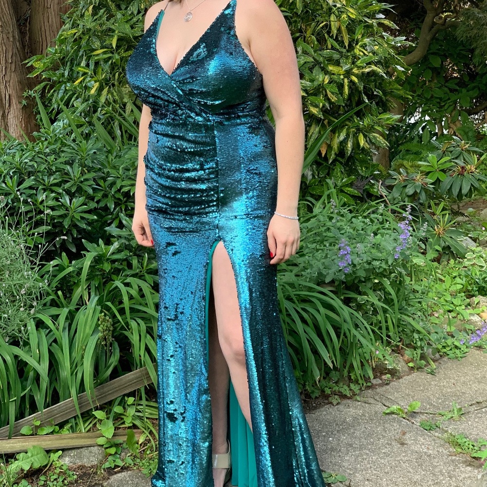 Shimmering Teal Sequin Gown - Size 16 - Portia & Scarlett
